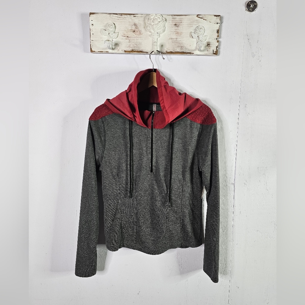 NWT Free People Take A Leap Layer Stretch Top Hooded size L Womens New Gray/Red